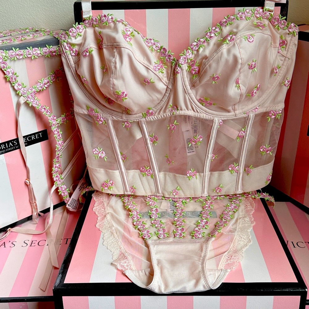 Victoria's Secret Rosebud Embroidery 3 Set NWT Corset 36 DD panty L Garter XS/S - Picture 13 of 13